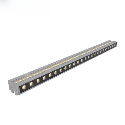 An LED wall washer light fixture mounted on a wall, emitting a powerful beam of light, ideal for accentuating architectural elements
